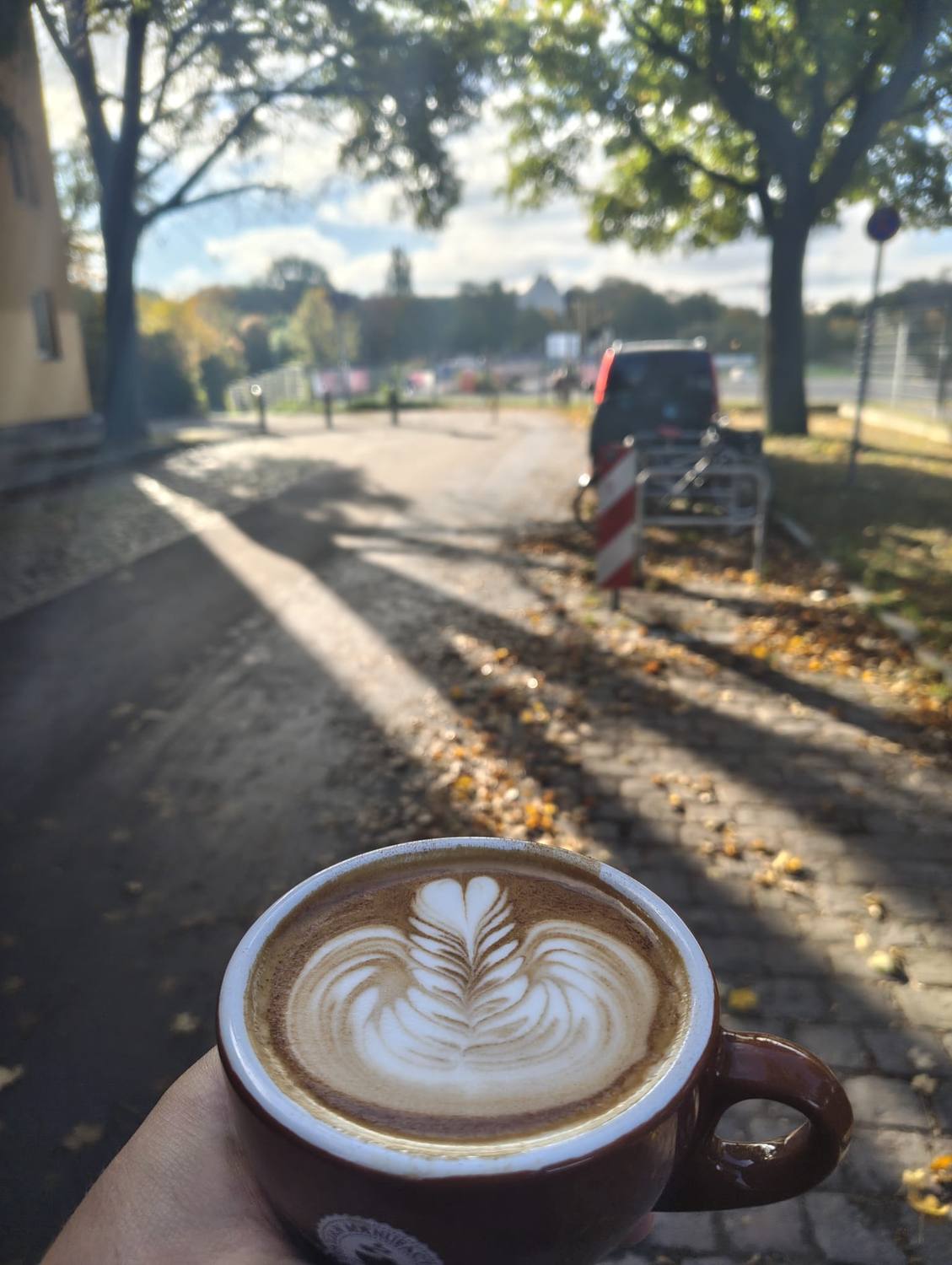 Cappuccino mit Latte-Art im herbstlichen Berliner Park